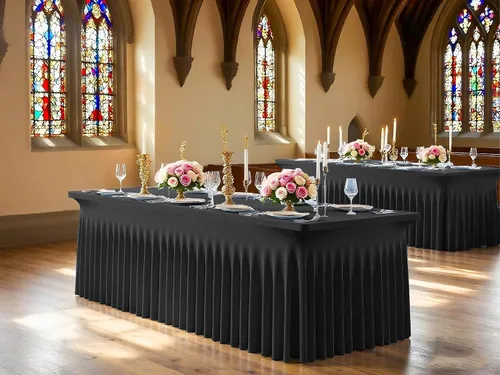 Miniatura 5 de 2 Packs Black Spandex Table Clothes for 6 Foot Rectangle Tables, Wrinkle Resistant Fitted Tables Cover, Washable Stretch Table Skirts for Weddings
