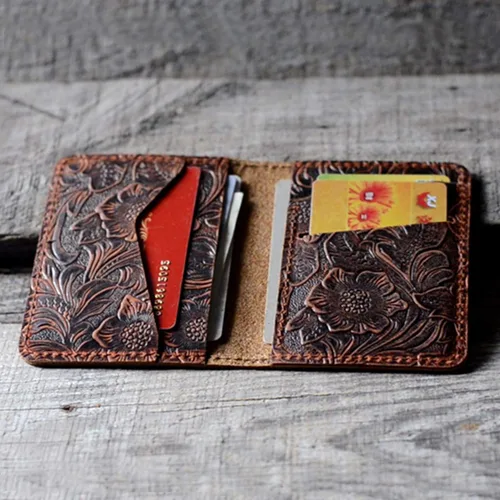 Miniatura 3 de JJNUSA Cartera de cuero minimalista hecha a mano para hombre, tarjetero, carteras desgastadas para regalos, Flor café., Minimalista