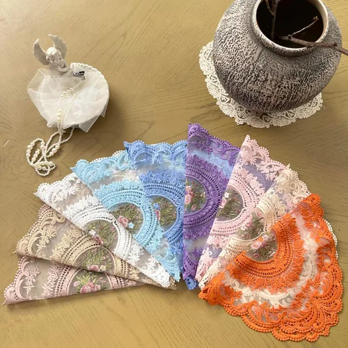 Miniatura 4 de Paquete de 2 manteles individuales de encaje estilo francés retro bordados de moda para jarrón de 12 x 16 pulgadas (pasta de frijoles en polvo)