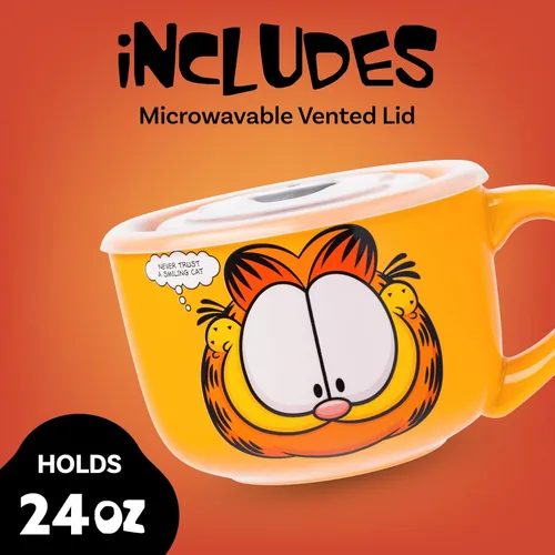 Miniatura 2 de Silver Buffalo Garfield Nunca confíes en un gato sonriente con Odie, Arlene, Nermal y Pooky - Taza de sopa de cerámica con tapa de plástico
