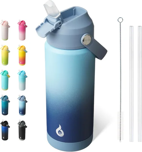 Miniatura 53 de BJPKPK - Botella de agua aislada con tapa de popote, 532 ml Botellas termo con boquilla suave, asa flexible y base antideslizante, libre de BPA, a