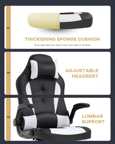 Miniatura 7 de Silla ergonómica para juegos de PC, silla de oficina para computadora con reposabrazos, reposacabezas y soporte lumbar, respaldo alto, silla Blanco