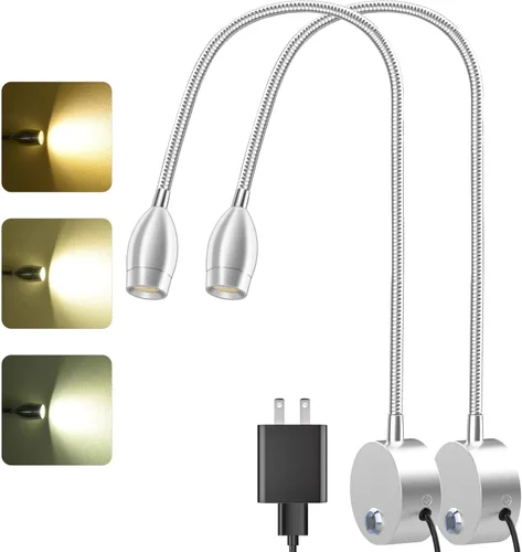 Miniatura 8 de Luz de lectura LED montada en la pared con cuello de cisne flexible de 15 pulgadas, luz de libro regulable para leer en la cama con puerto de carga
