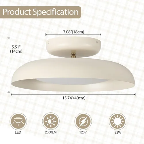 Miniatura 3 de BISAMIYA Lámpara de techo LED moderna regulable, lámpara de techo semiempotrada de 15.7 pulgadas, lámpara de ángulo ajustable, acento de latón