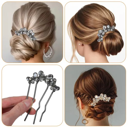 Miniatura 4 de 2 horquillas en forma de U, horquillas francesas, perlas, en forma de U, para moños, perlas, para mujeres, oro/negro