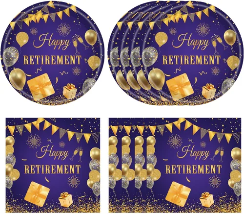 Miniatura 10 de Juego de 40 piezas de vajilla desechable para fiestas de jubilación para hombres y mujeres, color negro y plateado, incluye platos de jubilación