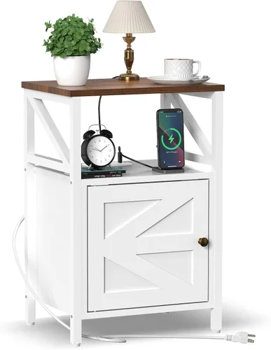 Mesa auxiliar de granja con estación de carga, puertos USB de 3 niveles y mesa auxiliar, mesa auxiliar compacta para espacios pequeños, mesa blanco-K