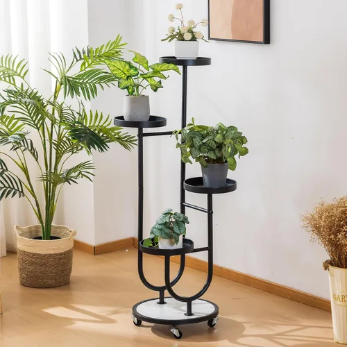 CHPHI Soporte para plantas de hierro forjado de 4 niveles para interiores, estante alto de metal para múltiples plantas, soporte de metal con ruedas