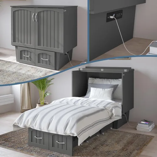 Miniatura 22 de AFI, Nantucket - Cómoda de cama Murphy de tamaño matrimonial con colchón, cajón de almacenamiento y cargador USB integrado, color blanco