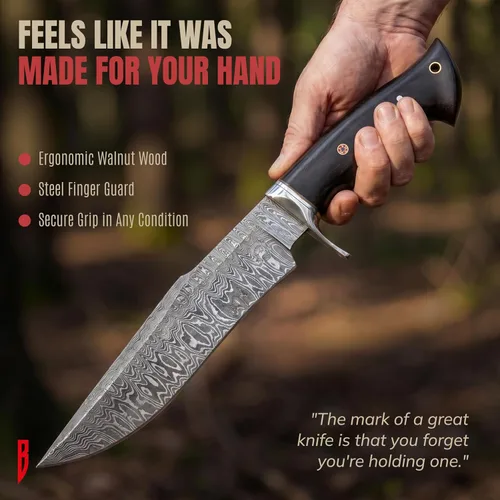 Miniatura 9 de BIGCAT ROAR Leopard Hunter - Cuchillo de caza hecho a mano de acero de Damasco de hoja fija de 12 pulgadas - Mango de madera de nogal y funda