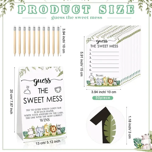 Miniatura 2 de Juego de 67 piezas de pañales sucios de Guess The Sweet Mess para baby shower, incluye letrero de Adivina el dulce lío, 50 tarjetas pequeñas, 10