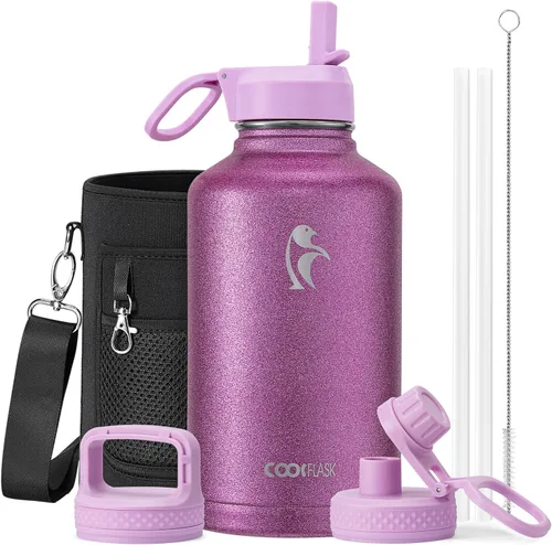 Miniatura 40 de Coolflask Botella de agua de 20 onzas aislada con pajilla, 3 tapas de metal de acero inoxidable, botella de agua de boca ancha para deportes u