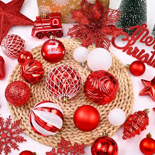 Miniatura 3 de Ktinnead Juego de 94 piezas de decoración para árbol de Navidad, adornos rojos inastillables para colgar en el árbol de Navidad con flores de pascua