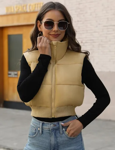 Miniatura 17 de Gihuo Chaleco acolchado recortado para mujer, sin mangas, chaqueta acolchada, chaleco acolchado para invierno, con cremallera completa, abrigo ligero