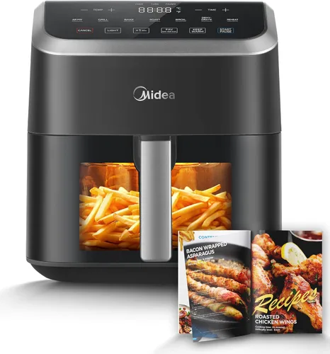 Midea Freidora de aire de 5.5 cuartos de galón con ventana transparente, tecnología Rapid Air, 9 menús preestablecidos para comidas rápidas y Negro