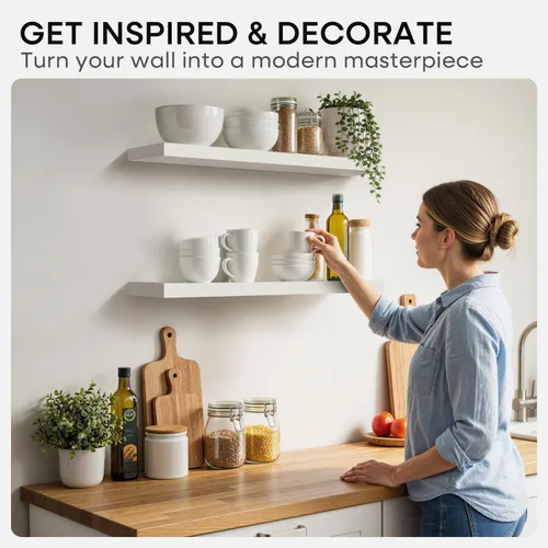 Miniatura 6 de Homeforia Estante flotante blanco de 48 pulgadas, estantes flotantes de madera maciza de alta gama de 48 pulgadas de largo para montaje en pared