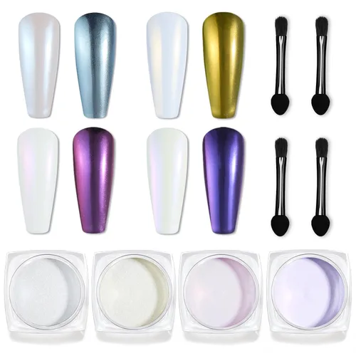 Miniatura 15 de Beetles Polvo Cromado para Uñas 2 Frascos Blanco y Púrpura Perla Cromer Polvo Cromado para Uñas para Gel Efecto Espejo Brillo Kit de Manicura Espejo