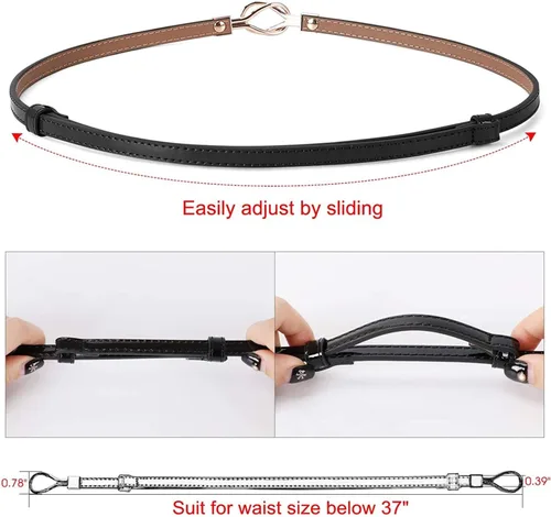 Miniatura 6 de JASGOOD Cinturón de cuero delgado para mujer, cinturones de cintura fina para vestidos de hasta 37 pulgadas con hebilla dorada, paquete de 2