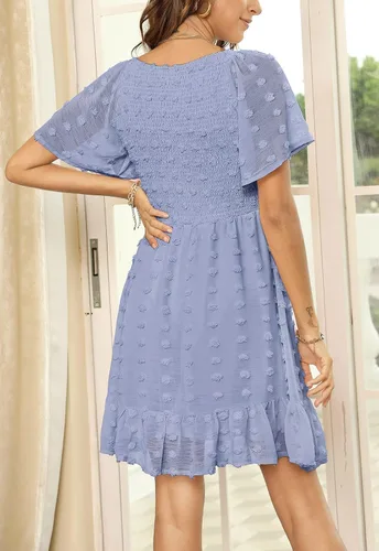 Miniatura 4 de Annebouti Vestido corto de verano para mujer, manga corta, cuello en V, volantes, floral, lunares suizos, fruncido