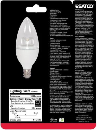 Miniatura 3 de SATCO S8951 - Bombilla LED de 4.5 W, forma de vela B11, blanco cálido de 2700 K, 300 lúmenes, base de candelabro E12, 120 voltios, regulable