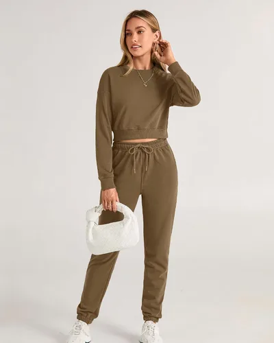 Miniatura 29 de BTFBM Conjunto deportivo de 2 piezas para mujer, camiseta corta de manga larga, sin botones, pantalón con cordón ajustable, pantalones deportivos