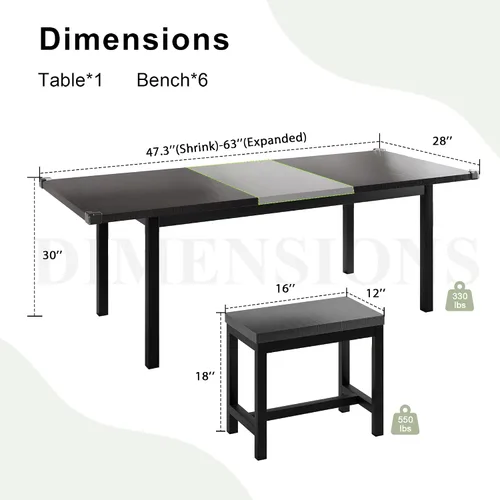 Miniatura 7 de Feonase Juego de mesa de comedor de 5 piezas para 4-8 personas, juego de mesa de cocina grande extensible de 63 pulgadas con 2 bancos y 2 taburetes