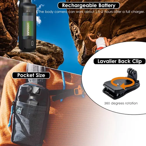 Miniatura 8 de Cámara Corporal 4K con Micrófono Externo, Mini Cámara de Vídeo y Audio de Bolsillo con Rotación de 270° para Deporte al Aire Libre, Bicicleta
