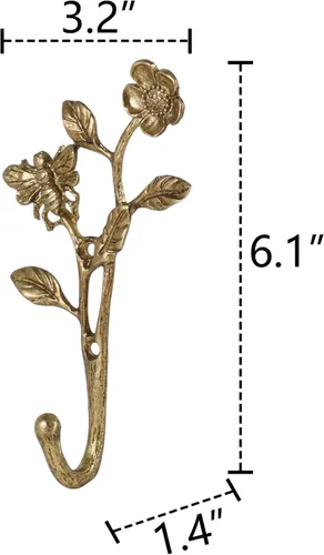 Miniatura 6 de SOFFEE DESIGN 2 piezas de ganchos para abrigos de metal dorado oscuro con forma de abeja y flores en 3D, para entrada, baño, dormitorio, decoración