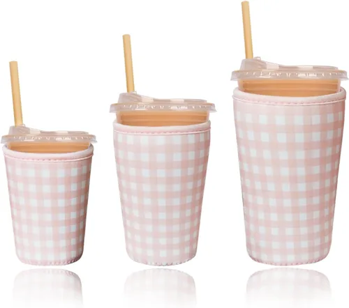 Miniatura 28 de Funda aislante reutilizable para taza de café helado, paquete de 3 fundas de neopreno para bebidas frías y calientes, soporte para bebidas para café