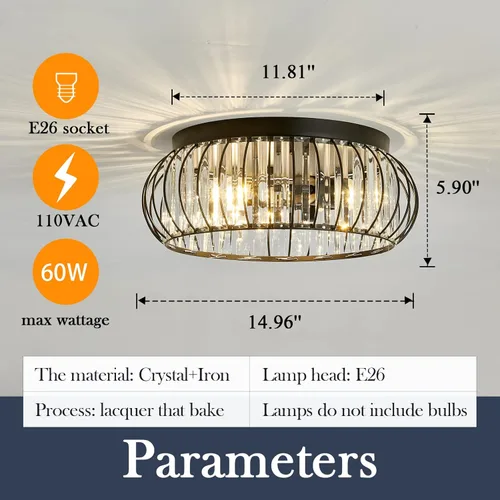 Miniatura 2 de YYJLX Lámpara de Techo Empotrada de 3 Luces, Candelabro de Cristal Moderno Negro E26, Iluminación Interior para Pasillo, Dormitorio, Baño