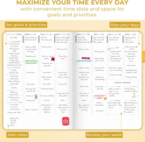 Miniatura 6 de Agenda Clever Fox semanal y mensual sin fecha con divisiones de tiempo, libro de citas y organizador diario, A5 (Amarillo)