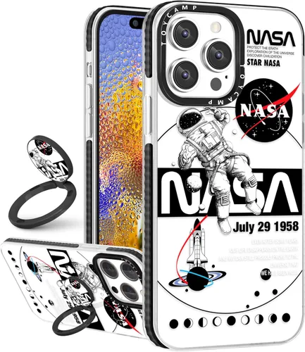 Miniatura 14 de Toycamp Funda para iPhone 13 Pro Max Blanca Con soporte de anillo, lindo astronauta, divertido diseño de dibujos animados, para niñas