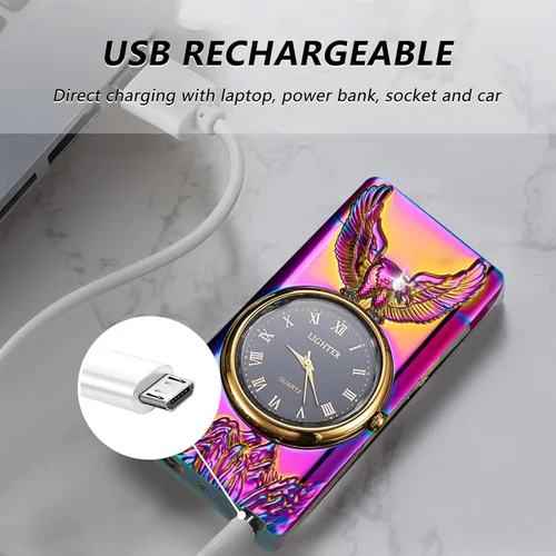 Miniatura 3 de BABOBIU Encendedor eléctrico recargable a prueba de viento USB con esfera de reloj y diseño de águila sin llama para camping, oficina en casa