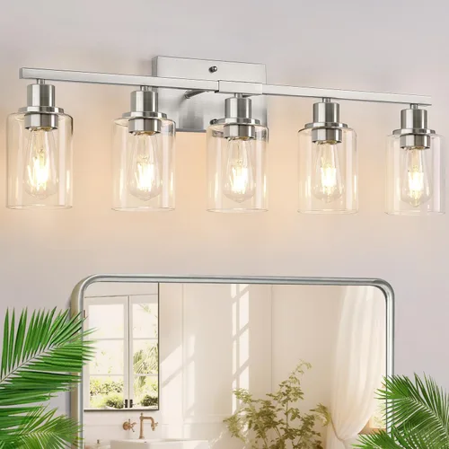 Miniatura 21 de Indoi Lámparas de baño de 4 luces, luces de tocador de níquel cepillado con pantallas de vidrio transparente, moderna lámpara de pared de baño