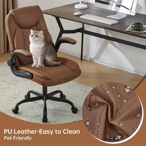 Miniatura 8 de YFO Silla ergonómica de cuero para oficina en casa, silla de oficina ejecutiva giratoria con soporte trasero con ruedas y reposabrazos abatibles