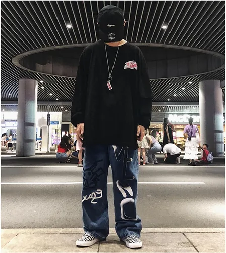 Miniatura 3 de Y2K Jeans - Pantalones de mezclilla para hombre, estilo hip hop, vintage, grafiti, dibujos animados, anime, pantalones de mezclilla góticos, rectos