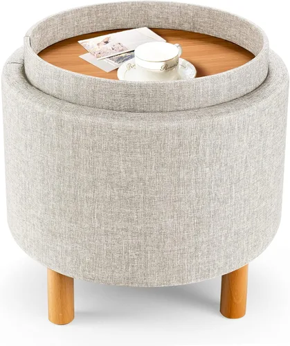 Giantex Otomana redonda de almacenamiento con tapa de bandeja, reposapiés de almacenamiento con relleno suave, taburete de tela con patas de madera