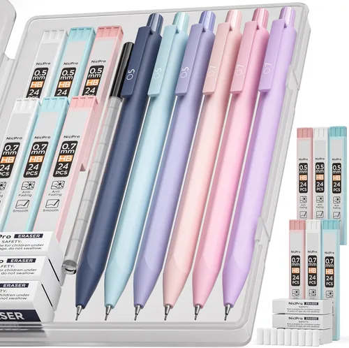 Nicpro Bonito juego de lápices mecánicos, 6 lápices pastel de 0.5 y 0.028 in con 6 tubos de minas HB, borradores y recargas, suministros escolares