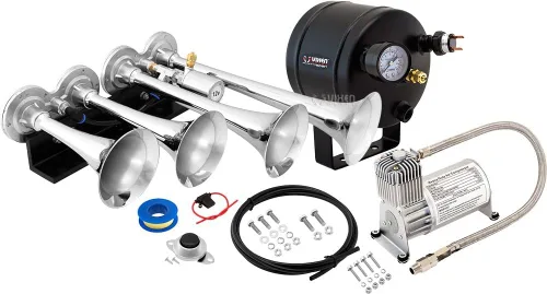 Vixen Horns Train Horn Kit for Trucks/Car/Semi. Complete Onboard System- 150psi Air Compressor, 0.5 Gallon Tank, 4 Trumpets. Super Loud dB. Fits