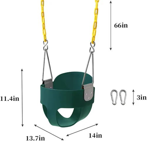 Miniatura 3 de Asiento de columpio con respaldo alto para niños pequeños con cadenas revestidas de plástico resistente de 66 pulgadas, totalmente montado para Verde