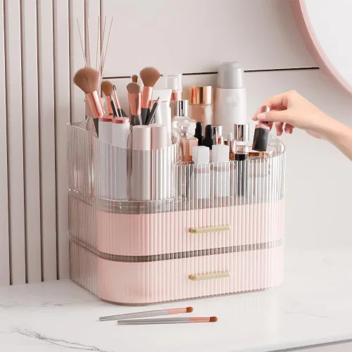 Miniatura 12 de Organizador de maquillaje giratorio de 360° con cajón, exhibición de almacenamiento de cosméticos de acrílico transparente, contador de belleza