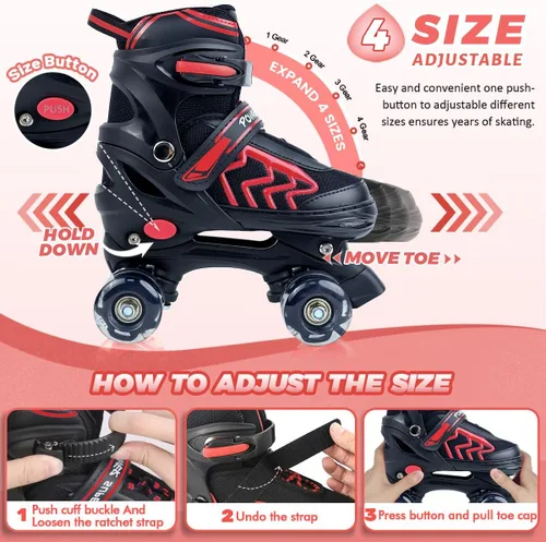 Miniatura 2 de Patines de Ruedas para Niños y Niñas, Ajustables 4 Tamaños Patines de Ruedas Cuádruples para Niños y Jóvenes con Ruedas que se Iluminan para Negro