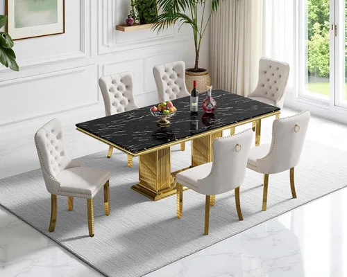 Henf Juego de mesa de comedor de mármol sintético de 68 pulgadas para 6, juego de mesa de comedor de 7 piezas con 6 sillas copetudas de terciopelo,