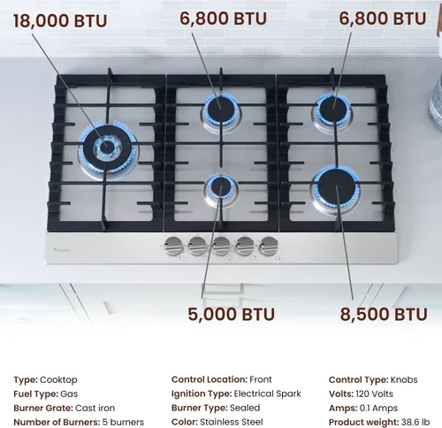 Miniatura 3 de Rangaire RCG301S - Placa de cocina de gas de 30 pulgadas, acero inoxidable, quemadores sellados, rejillas de hierro fundido, controles de quemador