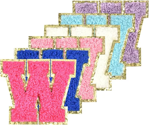 Miniatura 29 de 6 piezas de parches de letras de chenilla autoadhesivas con purpurina para planchar, parches de letras universitarias estilo preppy, letras difusas