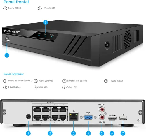 Miniatura 6 de Amcrest NV4108E-A2 4K 8CH POE NVR (1080p/3MP/4MP/5MP/8MP) Grabador de video en red POE - Soporta hasta 8 cámaras IP de 8MP/4K, alimentación a través