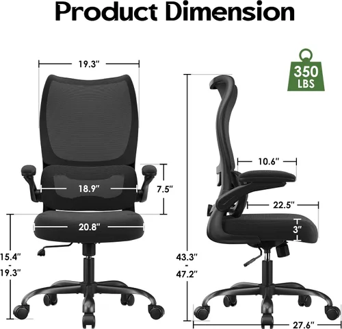 Miniatura 3 de Silla de oficina ergonómica - Silla de oficina cómoda de malla con respaldo alto con rueda de apoyo lumbar, sillas de oficina para el hogar, Negro