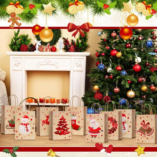 Miniatura 7 de Yeaqee 80 piezas - bolsas de regalo de Navidad - tamaño pequeño - Merry Christmas Xmas - bolsas de regalo de Navidad con asas - bolsas de papel