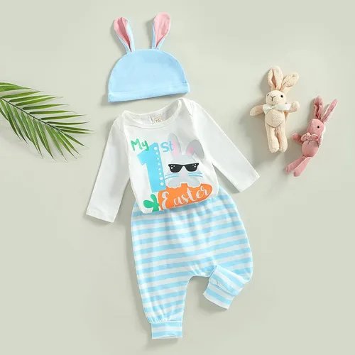 Miniatura 2 de My First Easter Outfits - Conjunto de 3 piezas para bebés y niñas de manga largacorta con estampado de conejo, conjunto de tops y pantalones