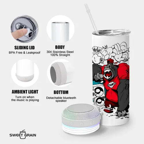 Miniatura 3 de sweet grain Vaso de altavoz de música (paquete de 25) – Vaso de sublimación de 20 oz delgado y recto con altavoz, popote y cable de carga USB, vaso
